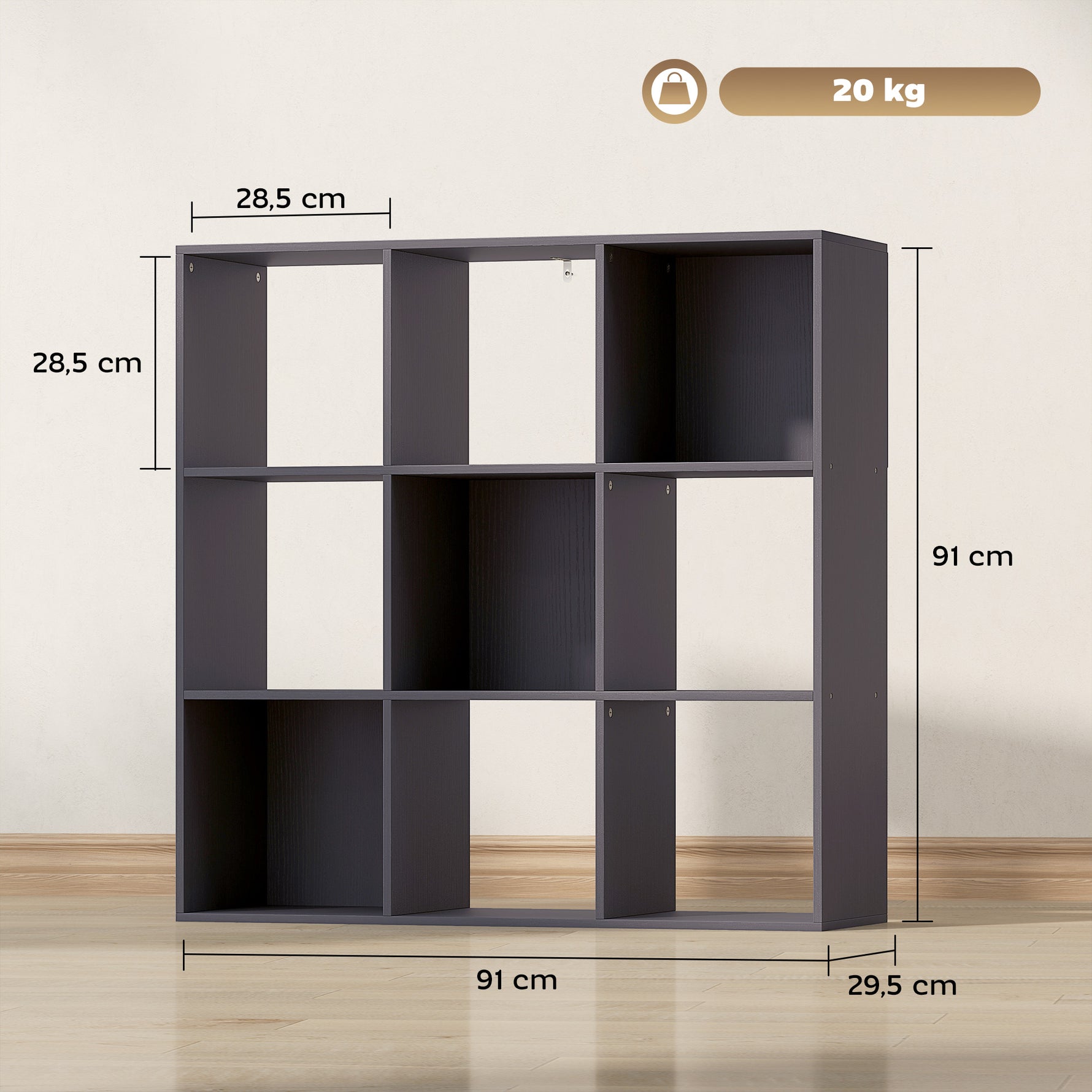Bibliothèque, étagère de rangement à 3 niveaux avec 9 compartiments, pour salon, bureau, chambre, 91x29,5x91cm, gris