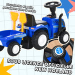 Porteur tracteur enfants avec coffre amovible, râteau et pelle, voiture enfants avec lumière LED et klaxon, bleu