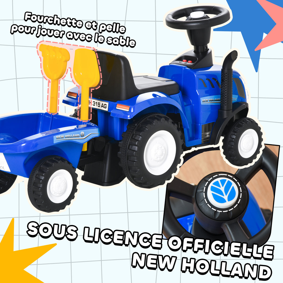 Porteur tracteur enfants avec coffre amovible, râteau et pelle, voiture enfants avec lumière LED et klaxon, bleu