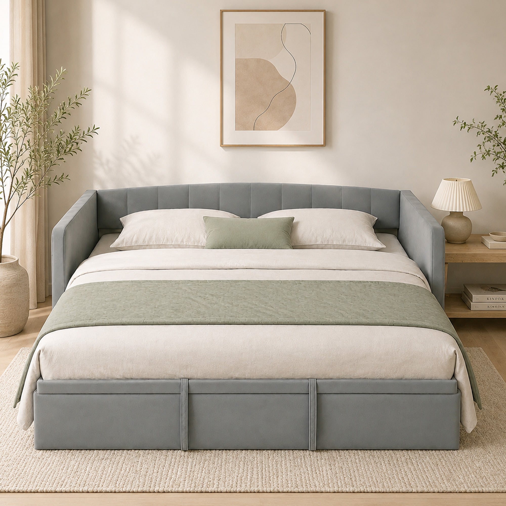 Ausziehbares Bett 90/180x190 cm, 3-Sitzer Schlafsofa, Lattenrost aus Holz, gepolstertes Kopfteil aus Samt, Grau