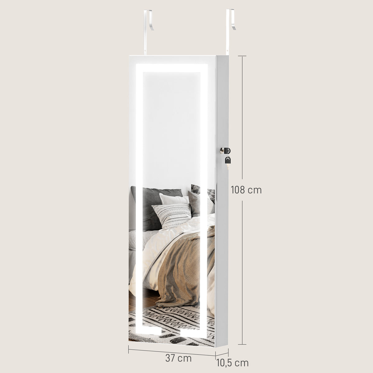 Armoire à bijoux avec LED, organisateur de bijoux mural/de porte verrouillable avec miroir, 37 x 10,5 x 108 cm, blanc