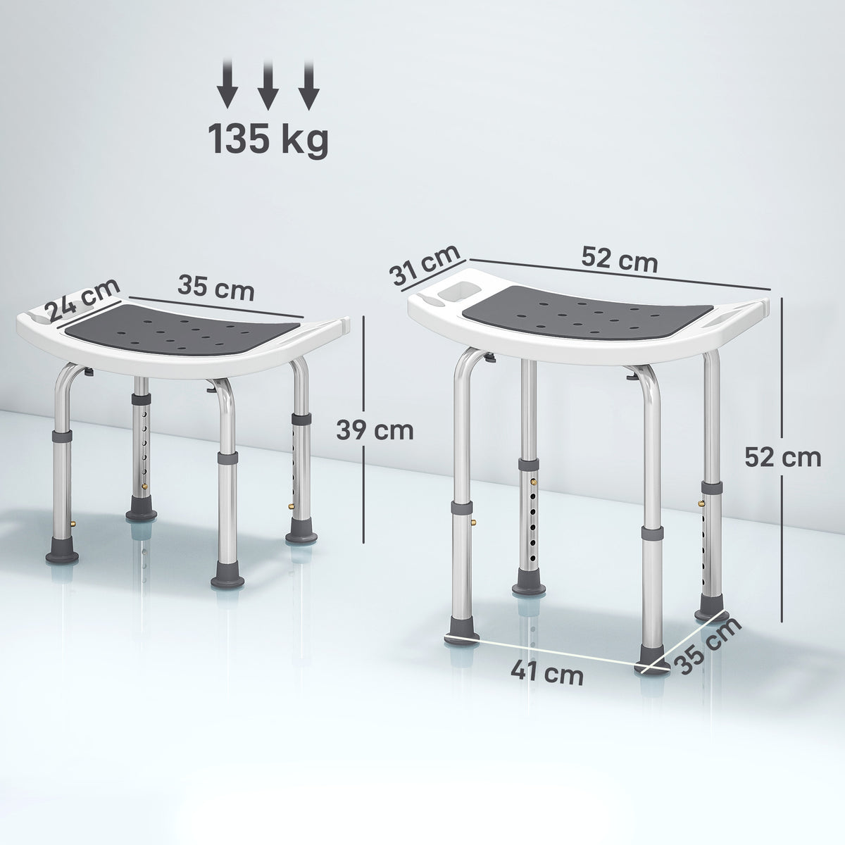 Sedile doccia regolabile in altezza, sgabello doccia ergonomico, piedini antiscivolo, carico max. 135 kg, alluminio HDPE, grigio