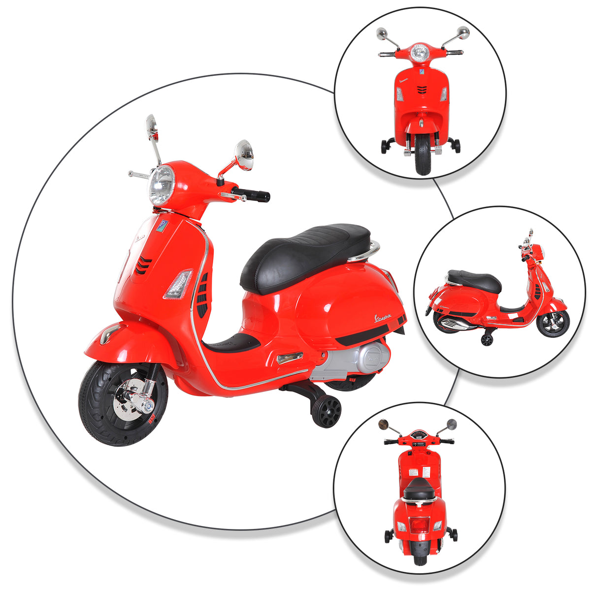 Vespa Scooter Moto électrique Enfants 6 V dim. 102L x 51l x 76H cm Musique MP3 Port USB klaxon Phare feu AR Rouge