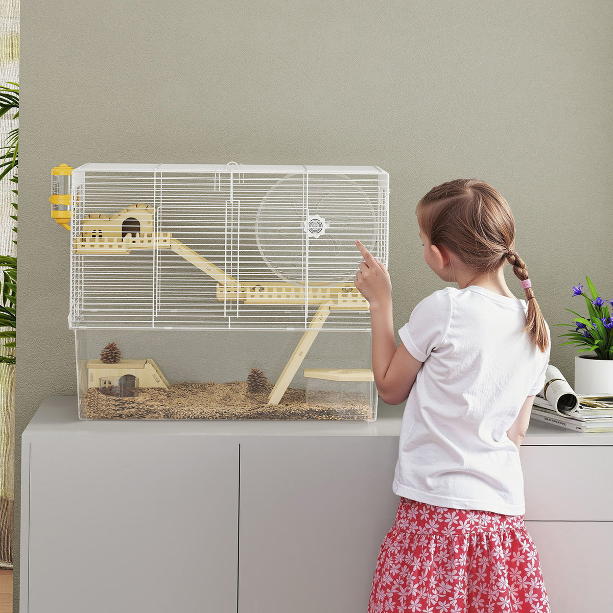 Cage à hamster à 3 niveaux, cage rongeur avec roue d'exercice, plateau profond transparent, 59 x 35,5 x 47 cm, blanc