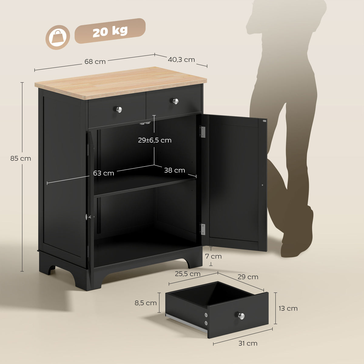 Meuble de rangement buffet salon avec placards, 2 tiroirs et étagères réglables, 68x40,3x85cm, noir et bois naturel
