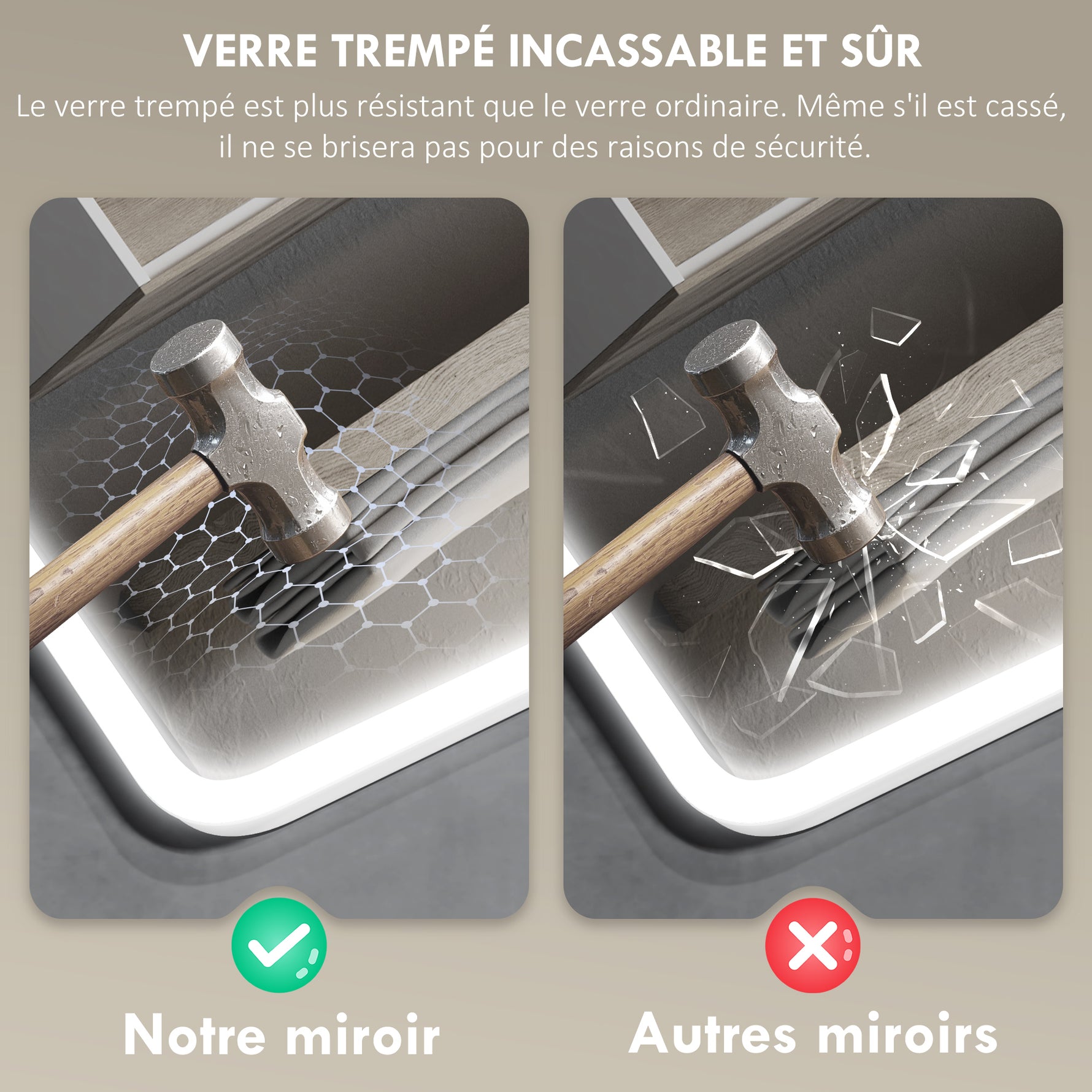 Miroir salle de bain LED bluetooth 70 x 90 cm interrupteur tactile lumière réglable 3 couleurs anti-buée mémoire argent