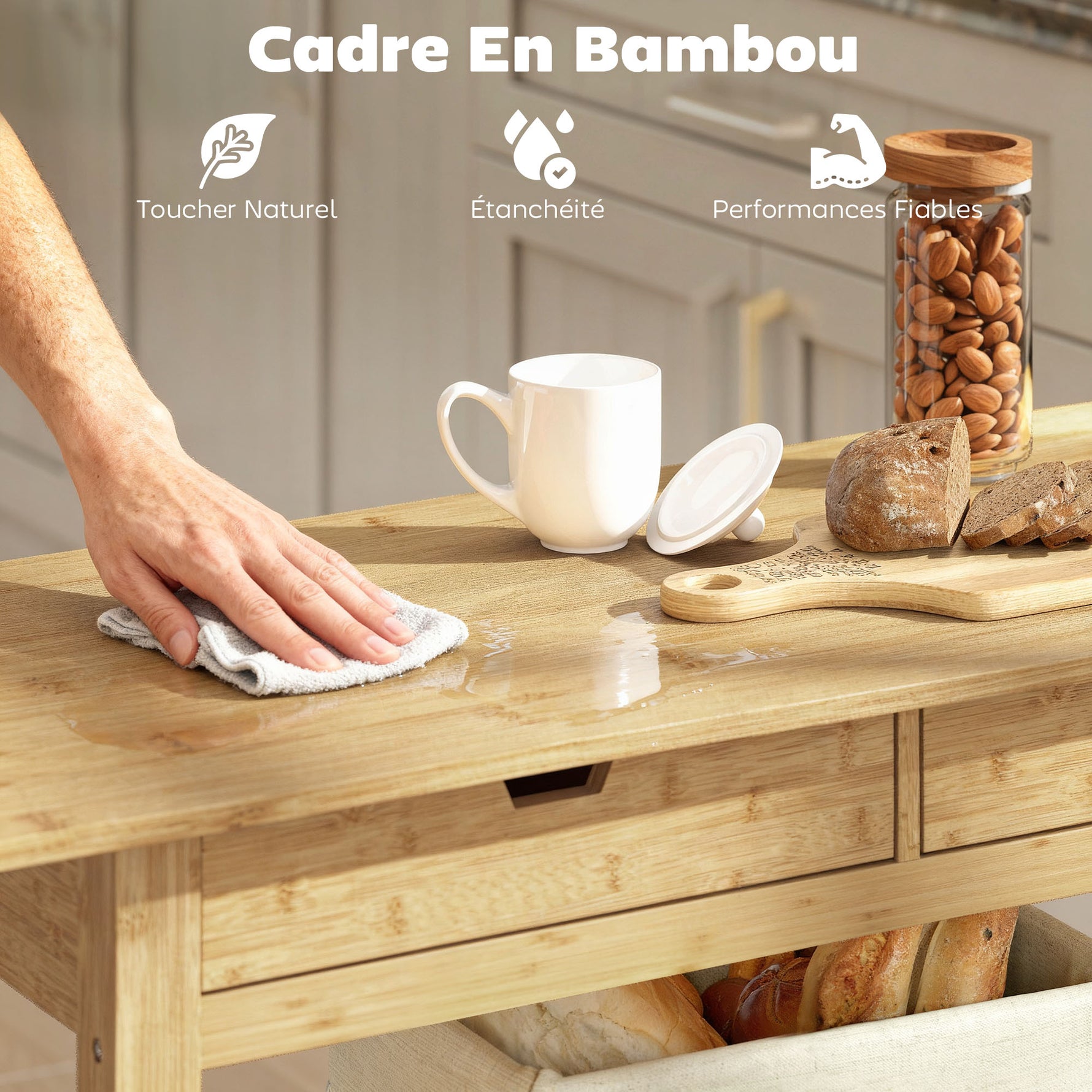 Desserte de cuisine à roulettes en bambou, chariot de cuisine avec 2 tiroirs, 2 étagères, 100 x 43 x 75 cm, bois naturel