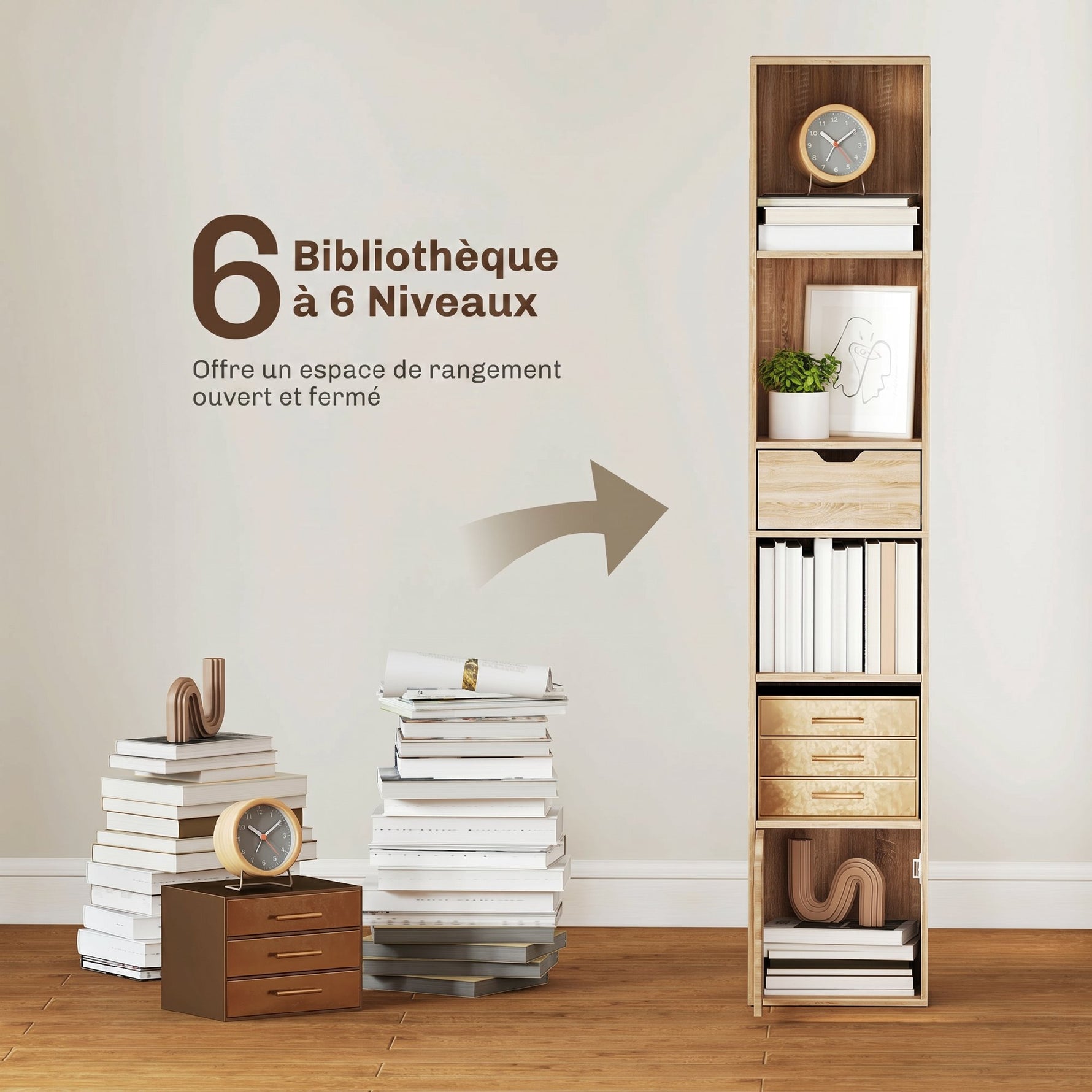 Bibliothèque, étagère à livres, meuble de rangement avec tiroir placard compartiments ouvertes, 30 x 24 x 158 cm naturel