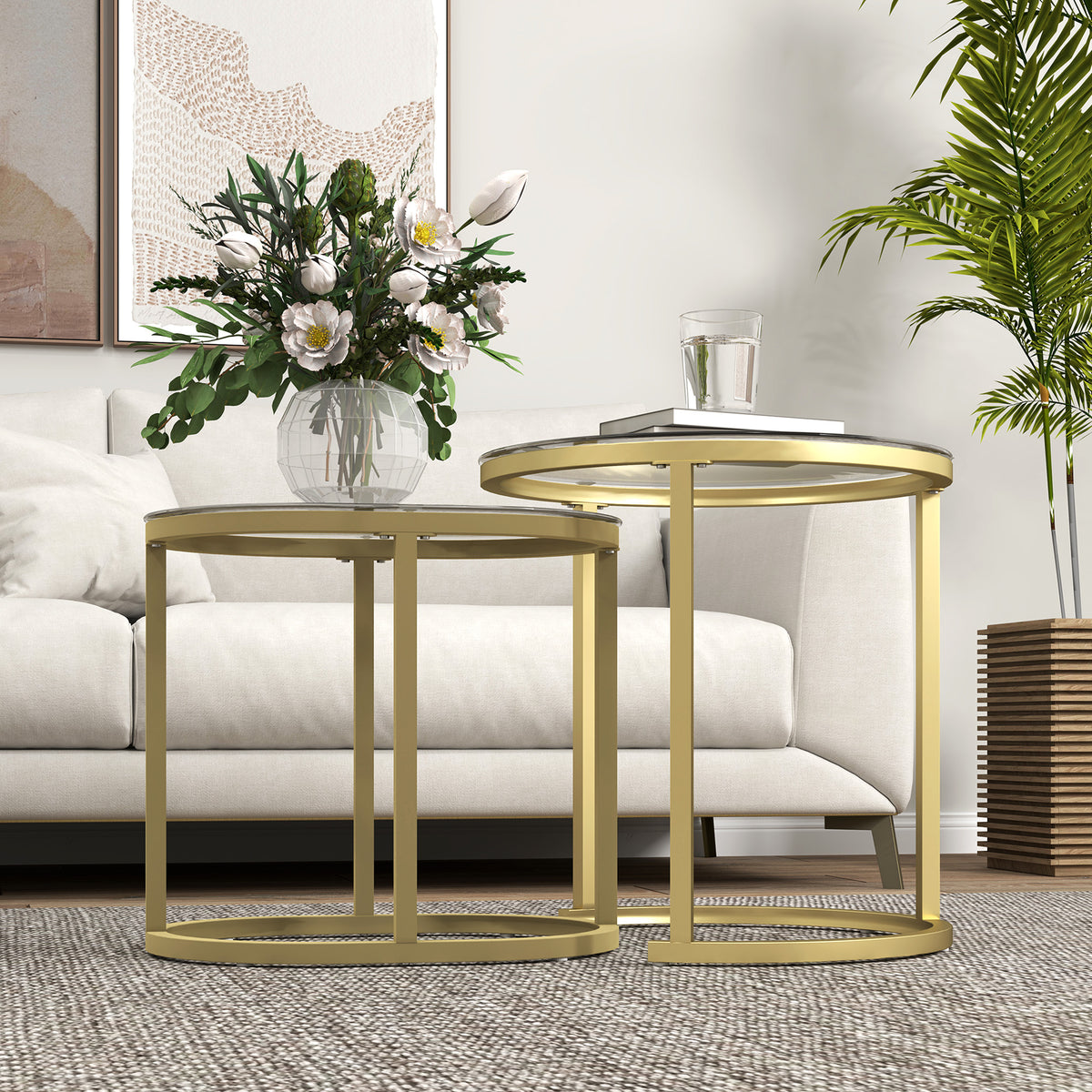 Lot de 2 tables basses tables d'appoint gigognes encastrables structure en acier et plateau verre trempé transparent or