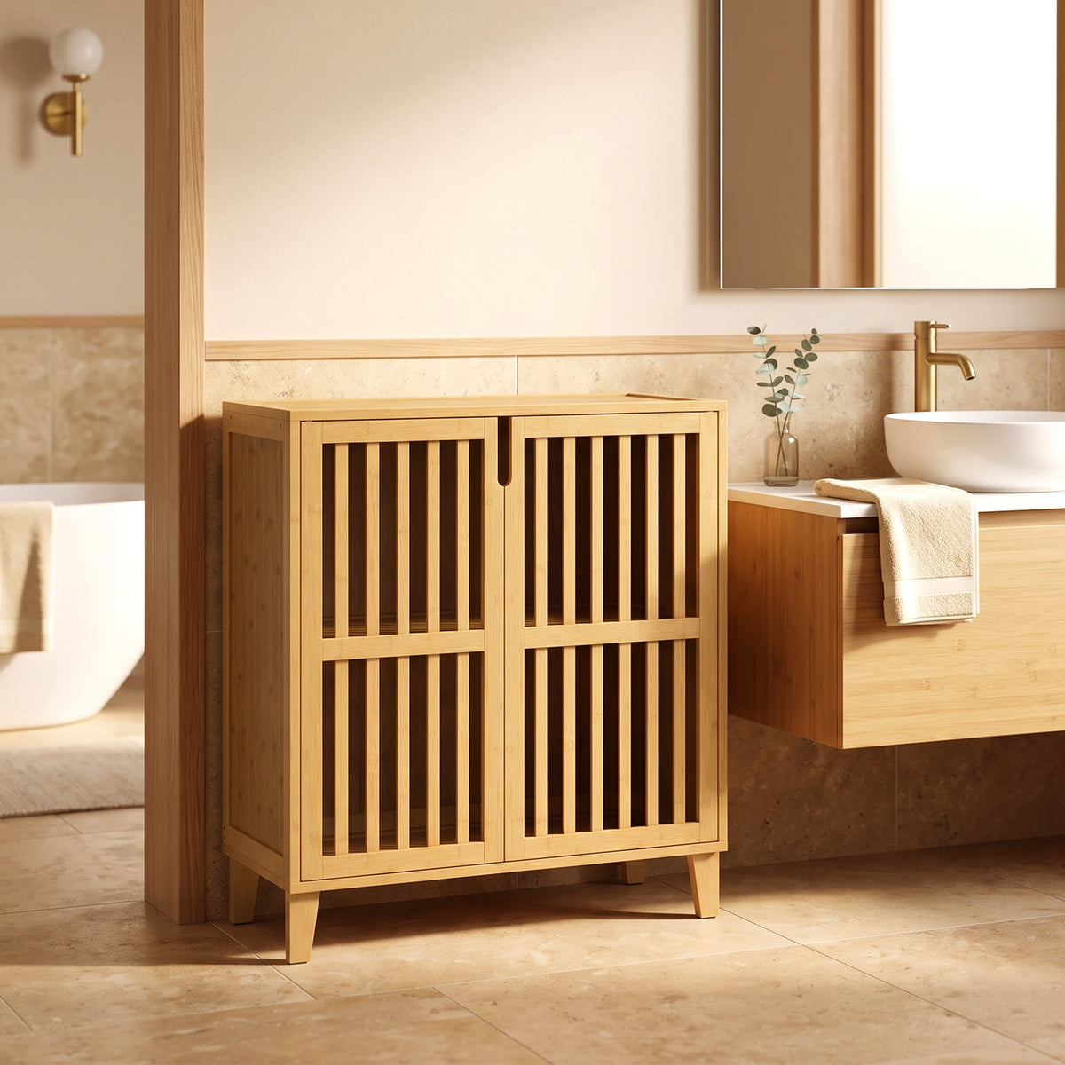 Mobiletto da bagno stretto in bambù, mobile contenitore da terra, 2 ante a persiana e ripiano regolabile, naturale