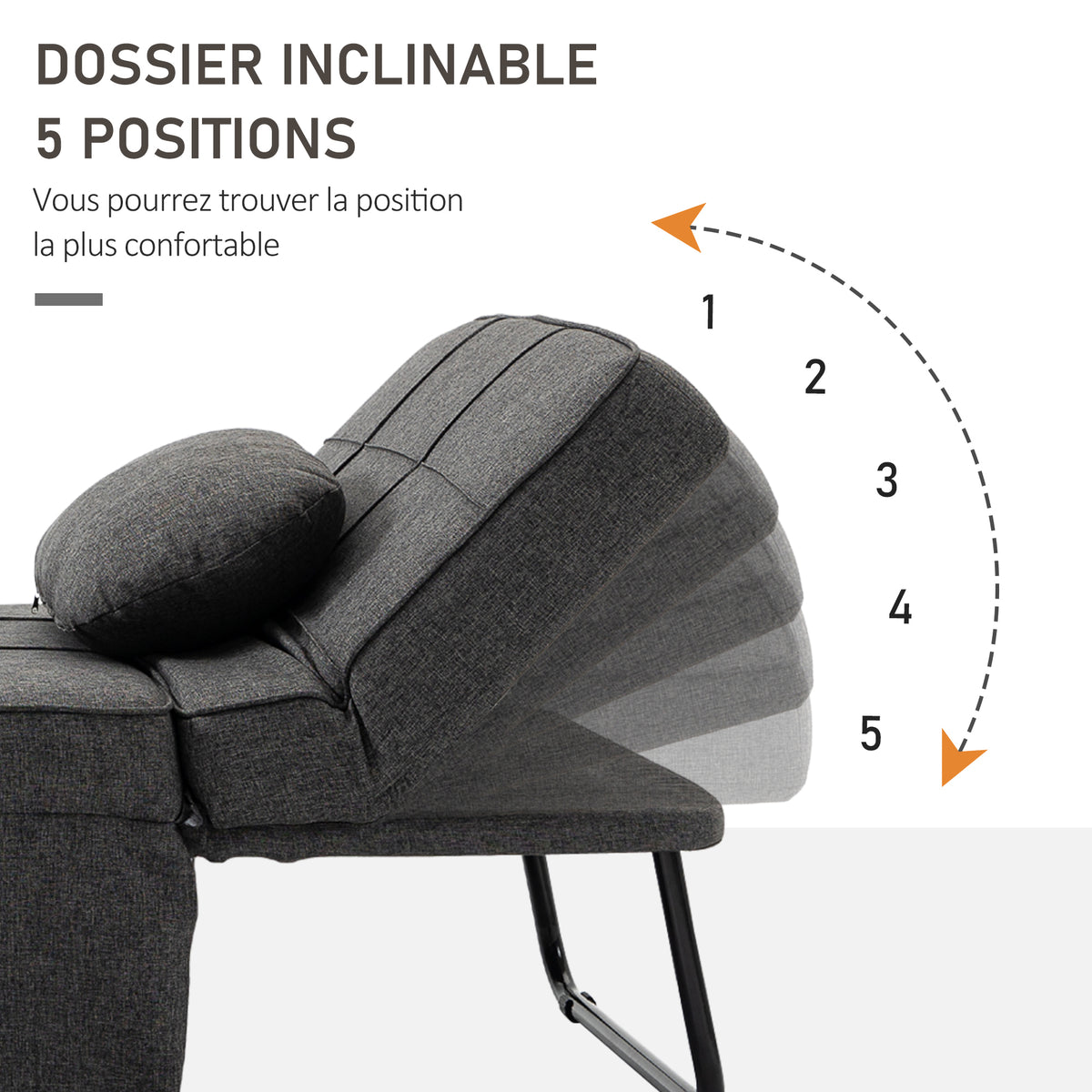 Chauffeuse 1 place 4 en 1 Fauteuil lit Convertible Pouf Dossier inclinable 5 Niveaux Repose-Pied Rabattable, Charge 200 Kg, châssis métal et Tissu Lin gris