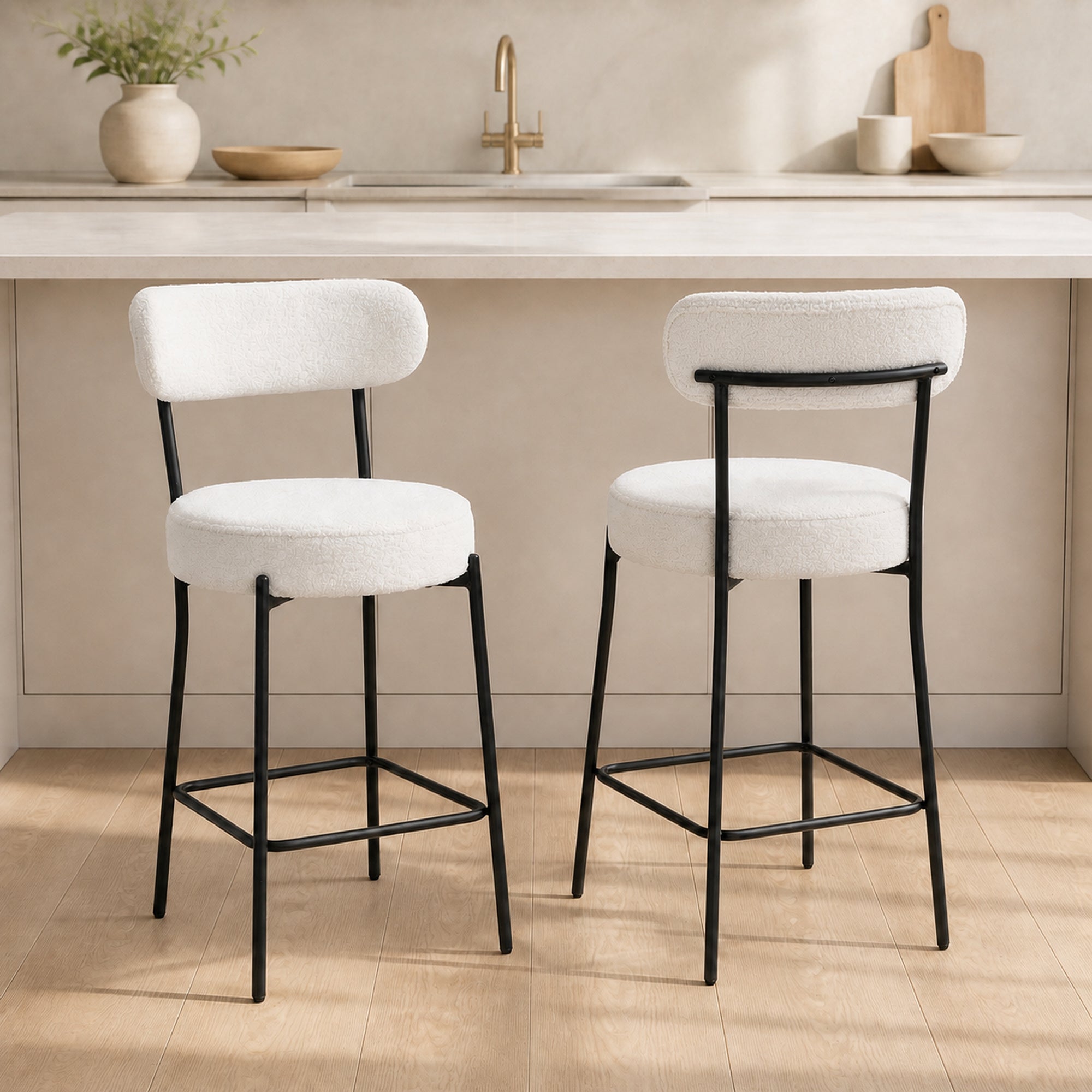 Lot de 2 tabourets de bar en tissu bouclette, chaises de bar avec dossier courbé, repose-pieds, 49x52x95cm, crème