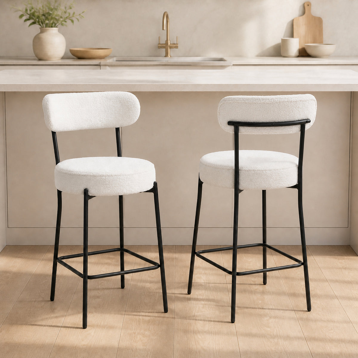 Lot de 2 tabourets de bar en tissu bouclette, chaises de bar avec dossier courbé, repose-pieds, 49x52x95cm, crème