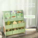 Meuble rangement enfant, rangement jouet enfant, 6 tiroirs en tissu et étagère à deux niveaux, 63x30x71cm, vert