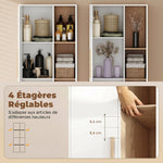 Meuble de Salle de Bain, Meuble de Rangement, 2 Portes, 4 Compartiments Ouverts et Étagères Réglables, Blanc et Naturel