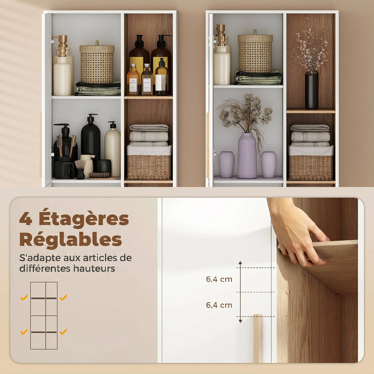 Meuble de Salle de Bain, Meuble de Rangement, 2 Portes, 4 Compartiments Ouverts et Étagères Réglables, Blanc et Naturel