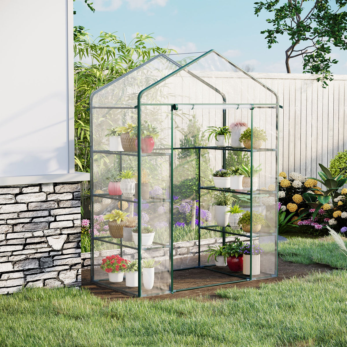Serre de jardin 8 étagères bâche transparente PVC porte enroulable 143 x 73 x 195 cm - transparent