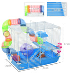 Jaula para hámster y roedor de 2 niveles con túnel, bebedero, rueda, casita y escaleras, dimensiones 46L x 30l x 37H cm, azul