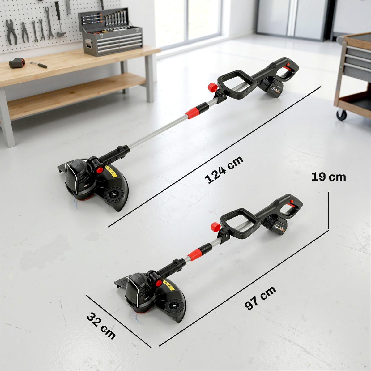 Coupe-Bordures sans Fil 18V, 2 Batteries 4,0 Ah, Chargeur, Coupe 25 cm, Manche Télescopique, 124x32x19cm, Argent