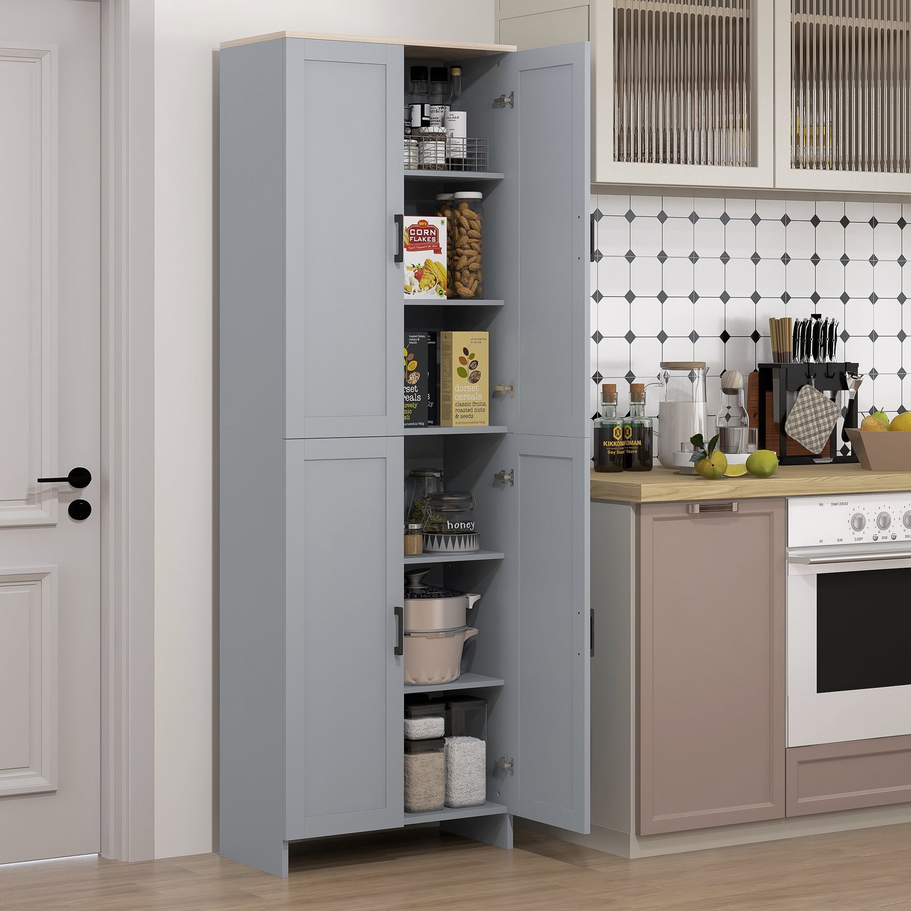Armoire de cuisine hauteur 170 cm buffet haut avec 4 portes et étagères ajustable, design moderne, gris