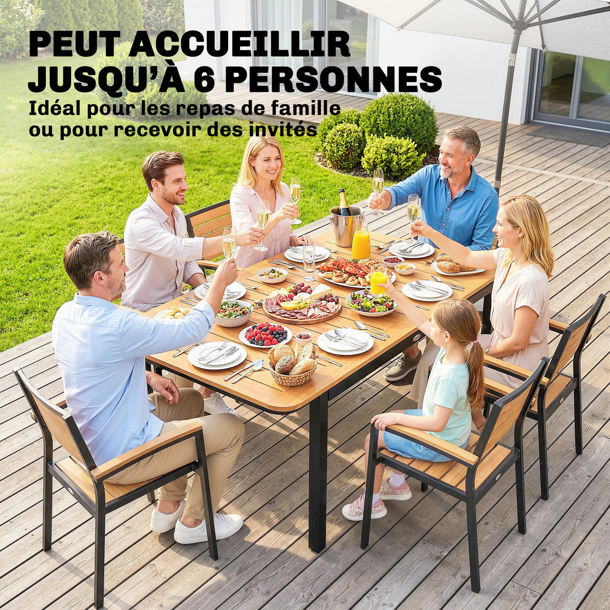 Table de Jardin 6 Personnes Rectangulaire en Bois Composite Cadre en Métal et Plateau à Lattes 127x70cm Marron