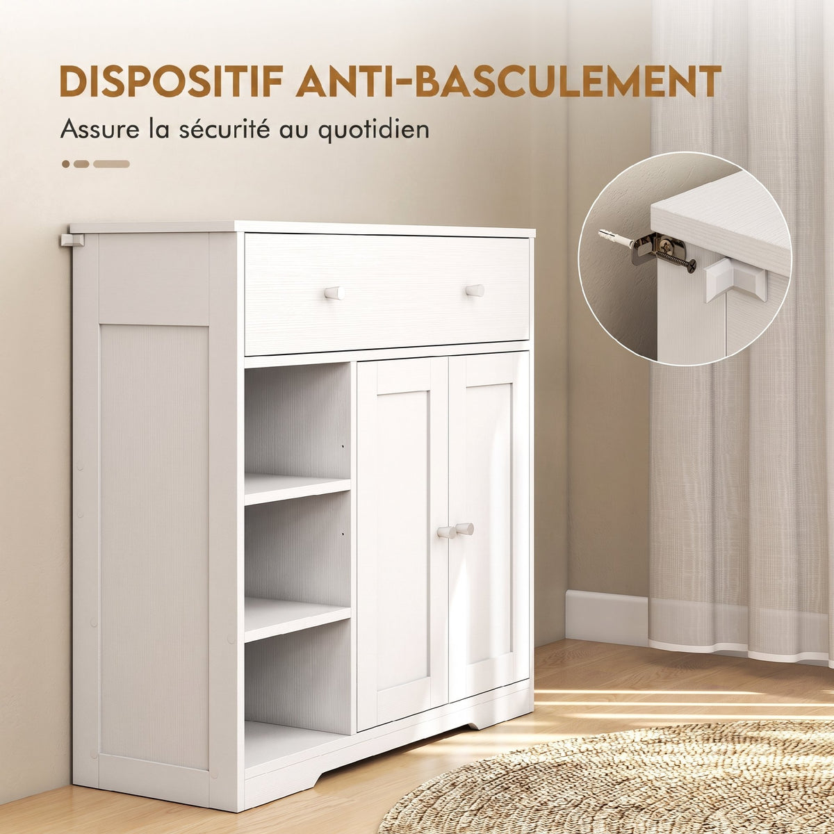 Meuble de Salle de Bain avec 1 Tiroir, 2 Portes, 3 Compartiments Ouverts, Style Scandinave, 80x30x80,2cm, Blanc