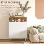 Meuble de rangement buffet sur pied scandinave placard 2 portes avec étagère intérieure blanc et aspect bois