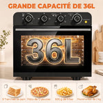Friteuse à Air Chaud 36L, Four à Air Chaud 1800 W avec Rôtissoire, Plaque de Cuisson, Panier de Friture et Grille, Noir