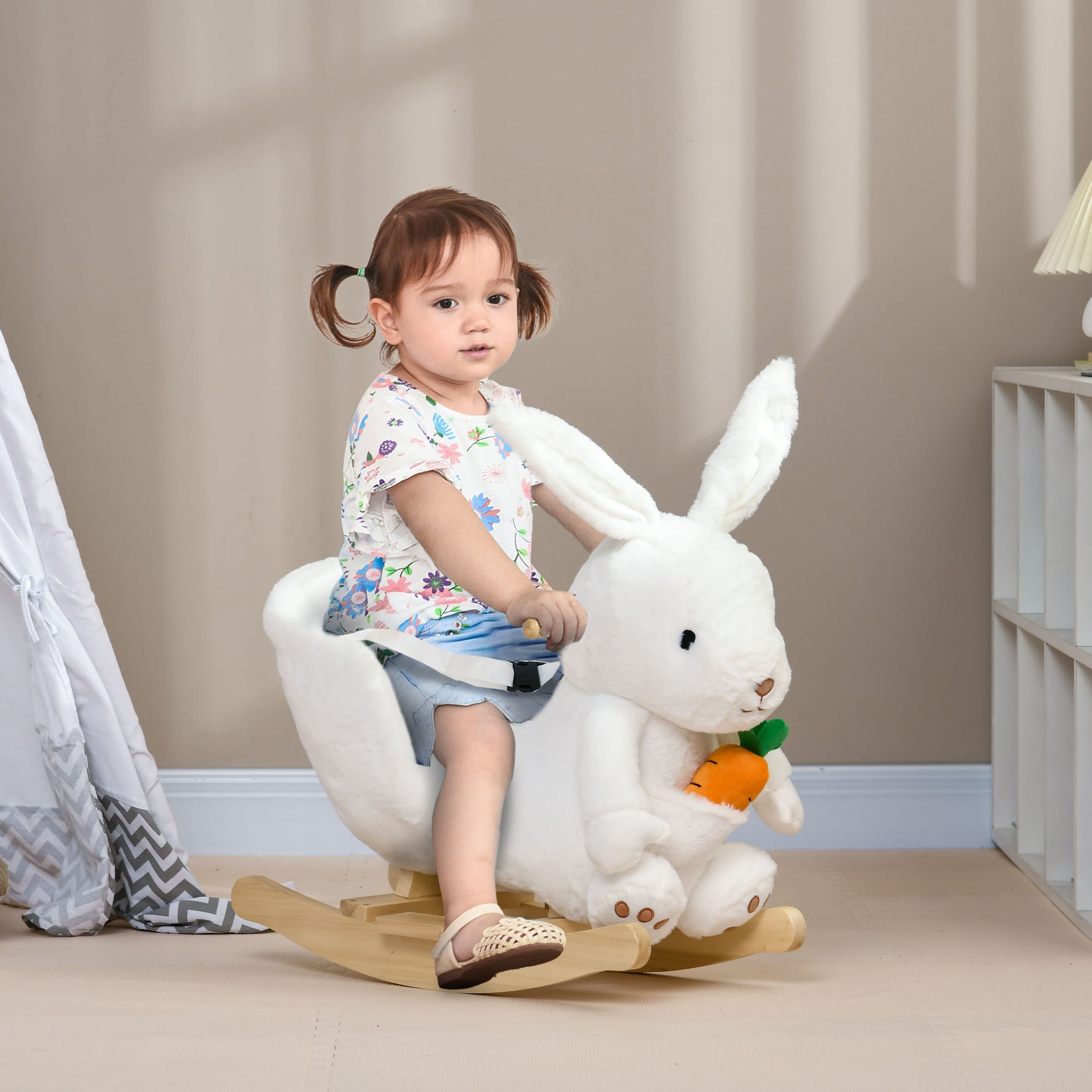 Jouet à bascule modèle lapin fonction musicale selle grand confort peluche courte douce bois peuplier 18-36 mois blanc