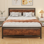 Cadre de lit double 200 x 160 cm en acier avec sommier et tête de lit compatible matelas aspect bois foncé