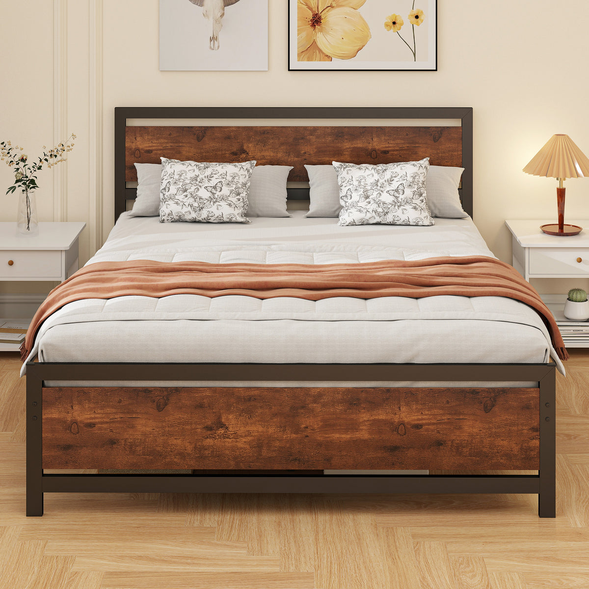 Cadre de lit double 200 x 160 cm en acier avec sommier et tête de lit compatible matelas aspect bois foncé