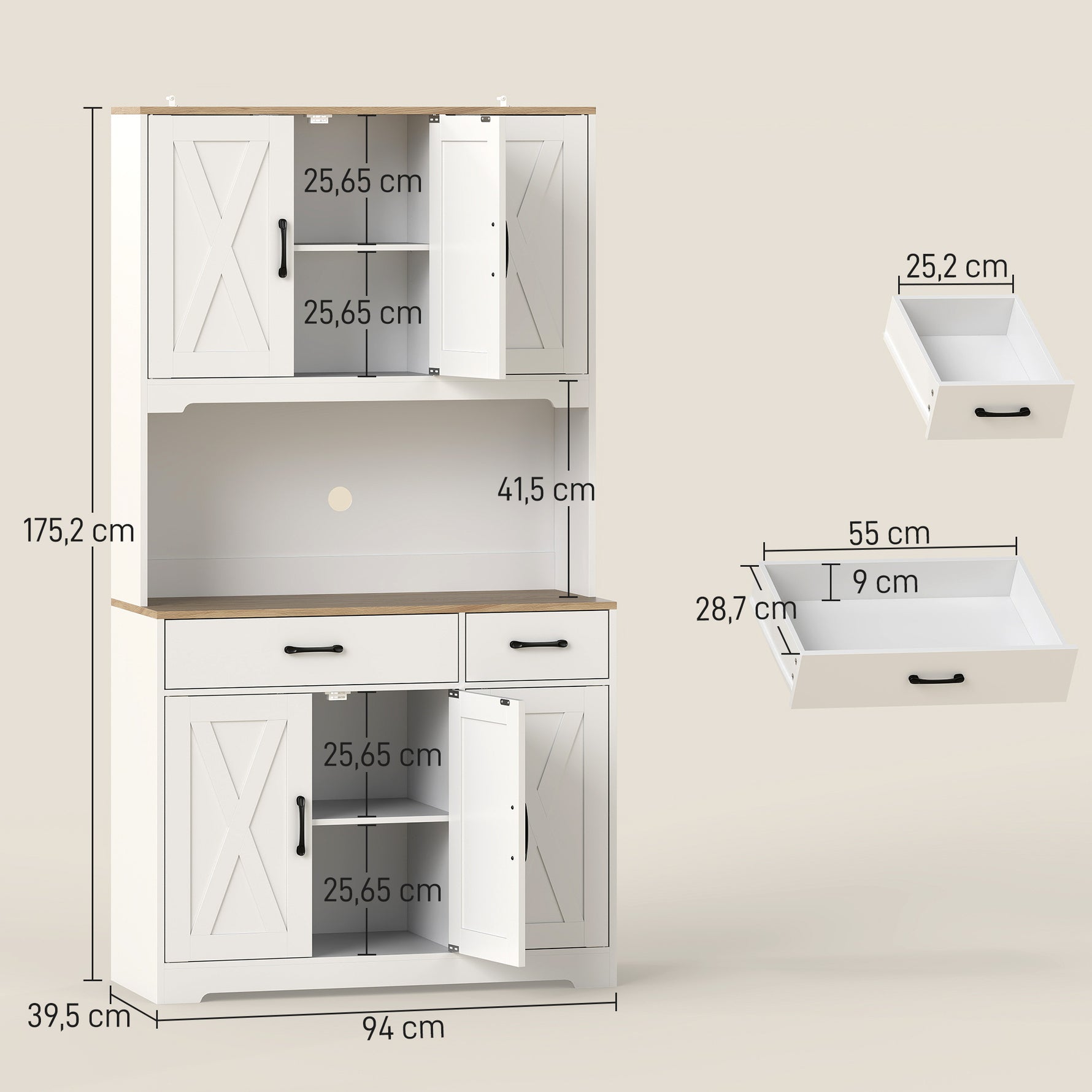 Buffet haut cuisine armoire de cuisine avec 6 portes 2 tiroirs plan de travail étagères réglables 94x39,5x175,2cm blanc