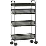 4-stufiger Servierwagen, Rollwagen, 3 ausziehbare Körbe, oberer Korb 19 x 43,2 x 80 cm, schwarz