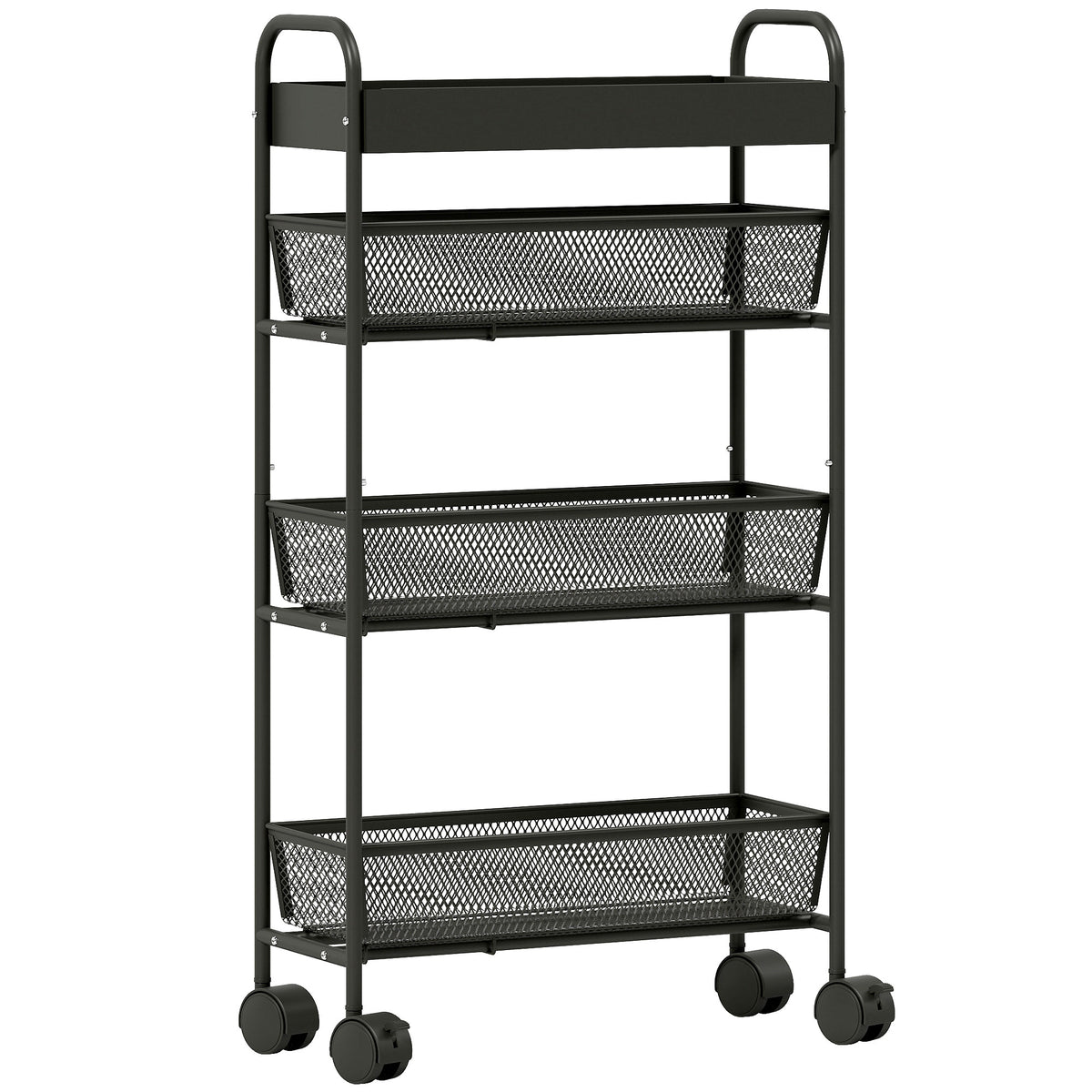 4-stufiger Servierwagen, Rollwagen, 3 ausziehbare Körbe, oberer Korb 19 x 43,2 x 80 cm, schwarz