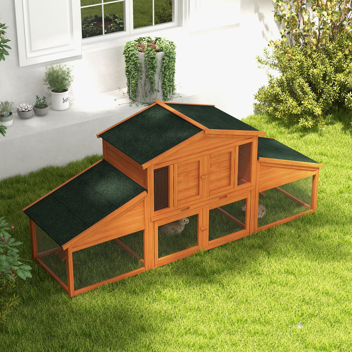 Clapier cage à lapins rongeurs poulailler XXL 2 étages 2 enclos tiroir déjection 2,25L x 0,70l x 1H m bois massif pin