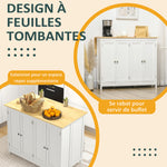 Desserte îlot de cuisine avec 2 tabourets plan de travail rabattable 2 placards avec 4 portes design moderne blanc