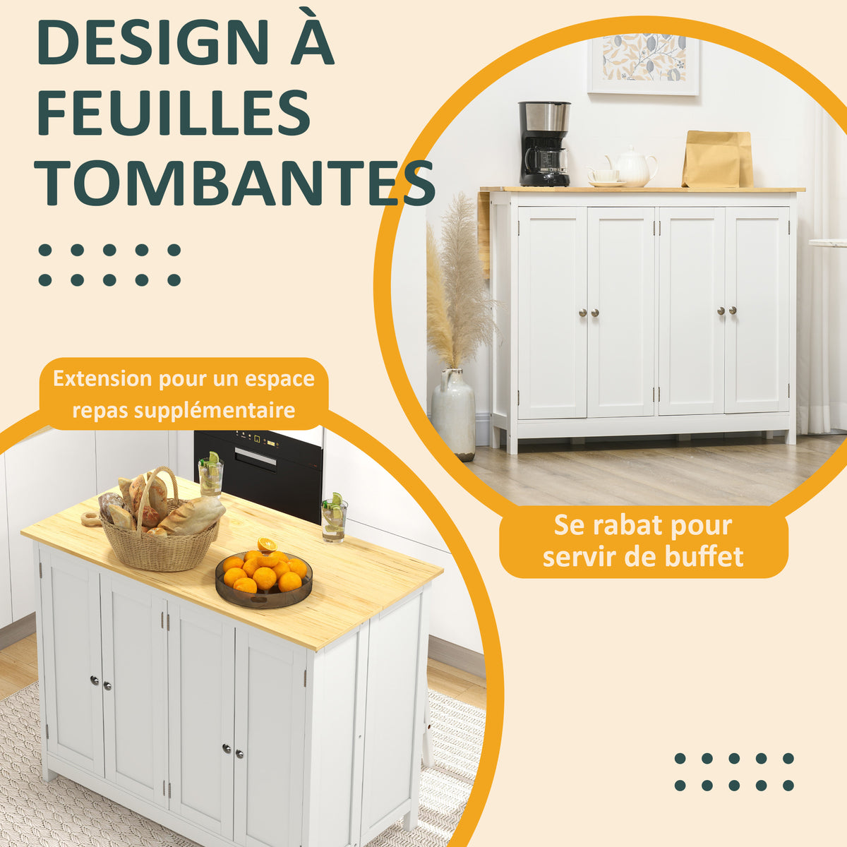 Desserte îlot de cuisine avec 2 tabourets plan de travail rabattable 2 placards avec 4 portes design moderne blanc
