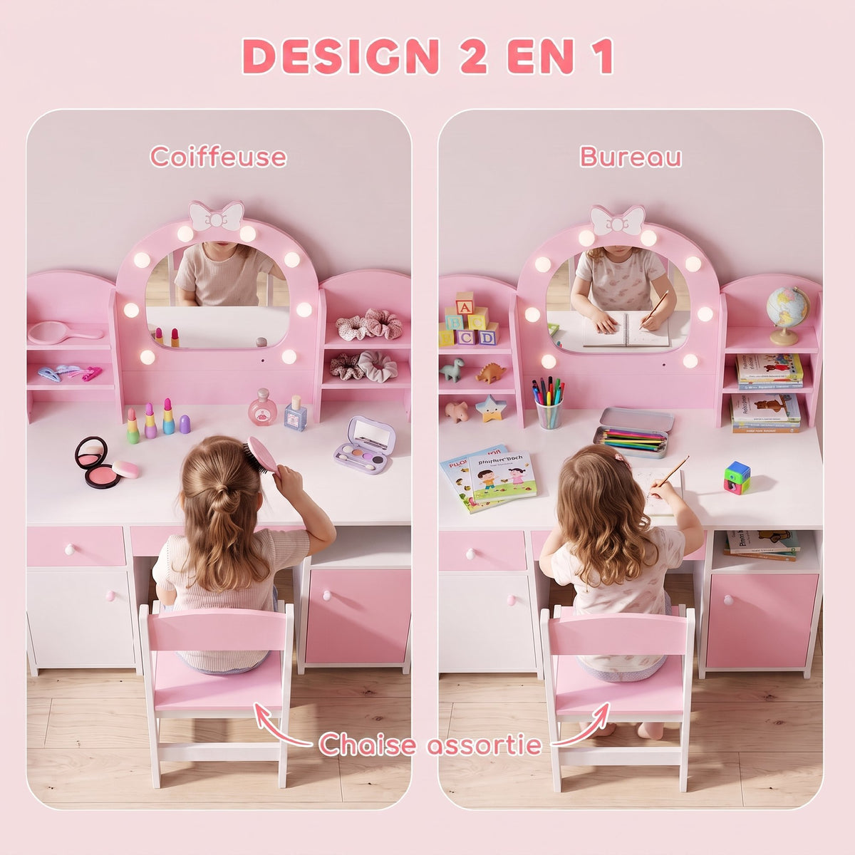 Coiffeuse pour Enfants avec Tabouret et Miroir Lumineux à 2 Couleurs en Acrylique, pour 3-8 Ans, 90 x 41 x 104 cm, Rose