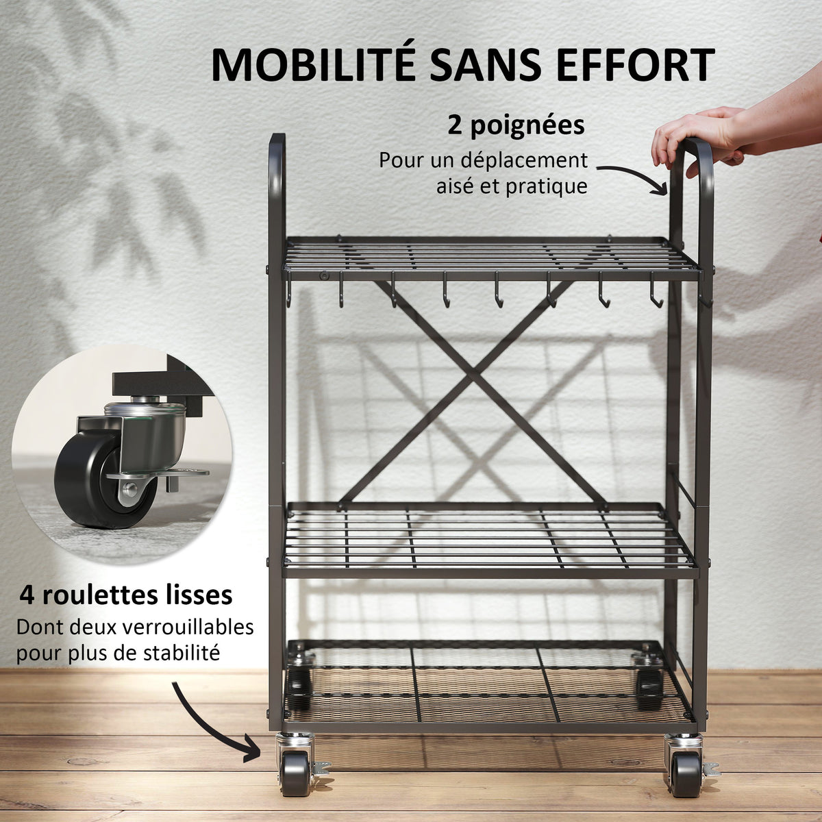 Organisateur d'outils de jardin, support à outils de jardin 40 compartiments à 2 niveaux avec roues 57 x 48 x 70 cm noir