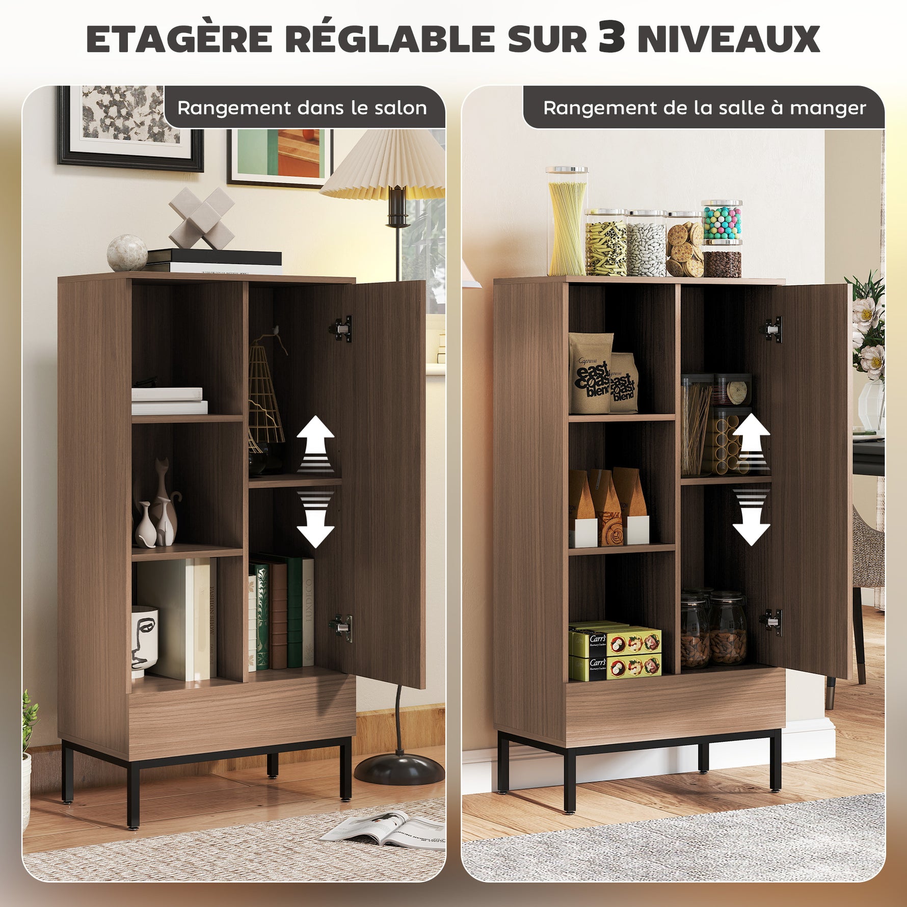 Buffet meuble de rangement avec placard à portes, tiroir, 3 compartiments ouverts et étagères réglables, gris