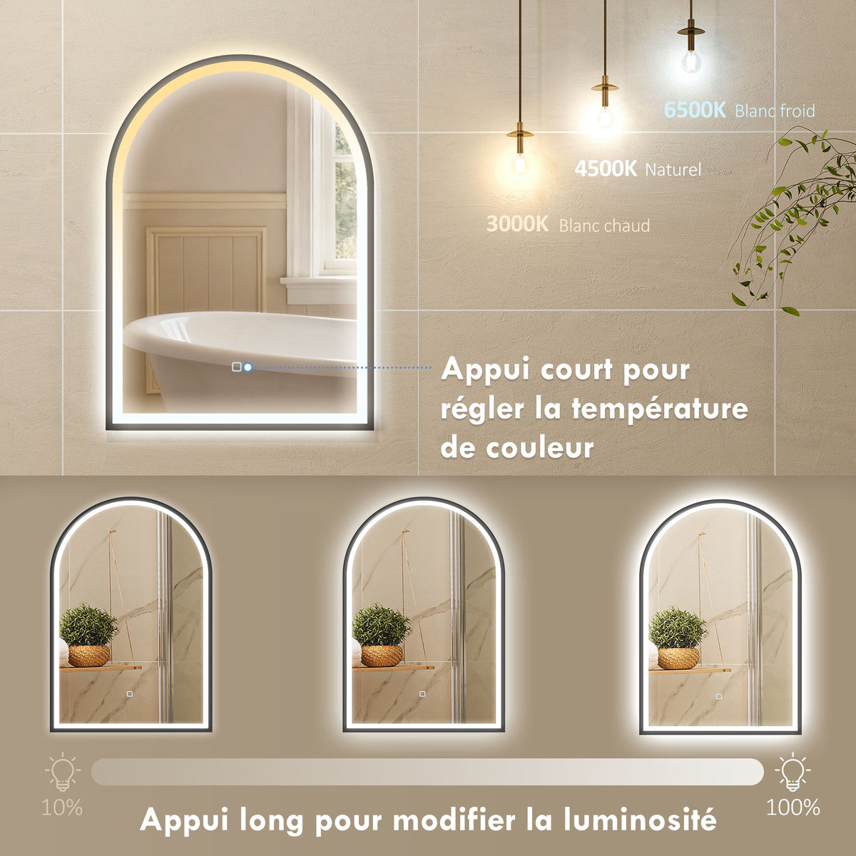 Espejo de baño con iluminación 50 x 70 cm, espejo LED arqueado, antivaho, 3 colores de luz, regulable, memoria, negro