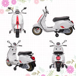 Scooter électrique enfant Vespa 6 V dim. 107L x 47l x 73H cm Musique MP3 Port USB Phare 2 roues d'entraînement - Blanc