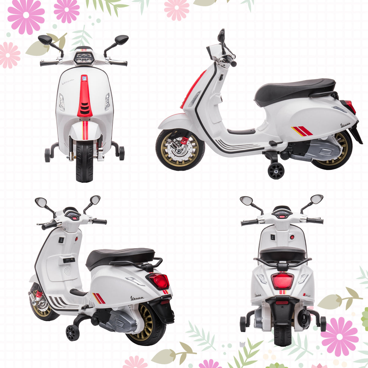 Scooter électrique enfant Vespa 6 V dim. 107L x 47l x 73H cm Musique MP3 Port USB Phare 2 roues d'entraînement - Blanc