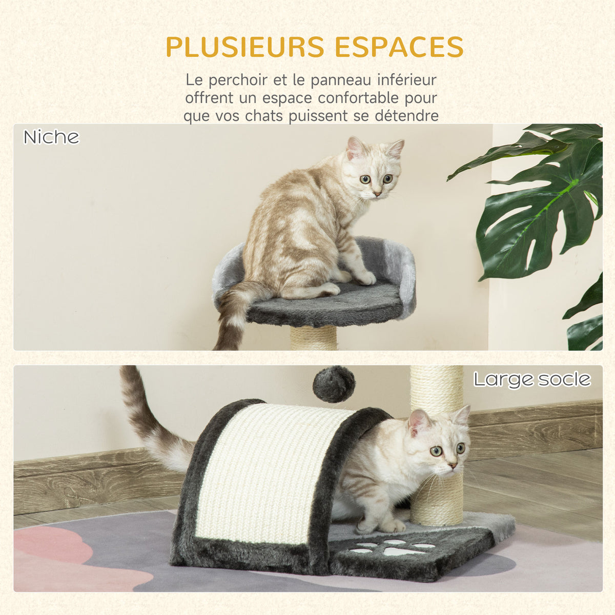 Arbre à chat griffoir grattoir design jeu boule suspendue + plateforme peluche sisal naturel gris foncé