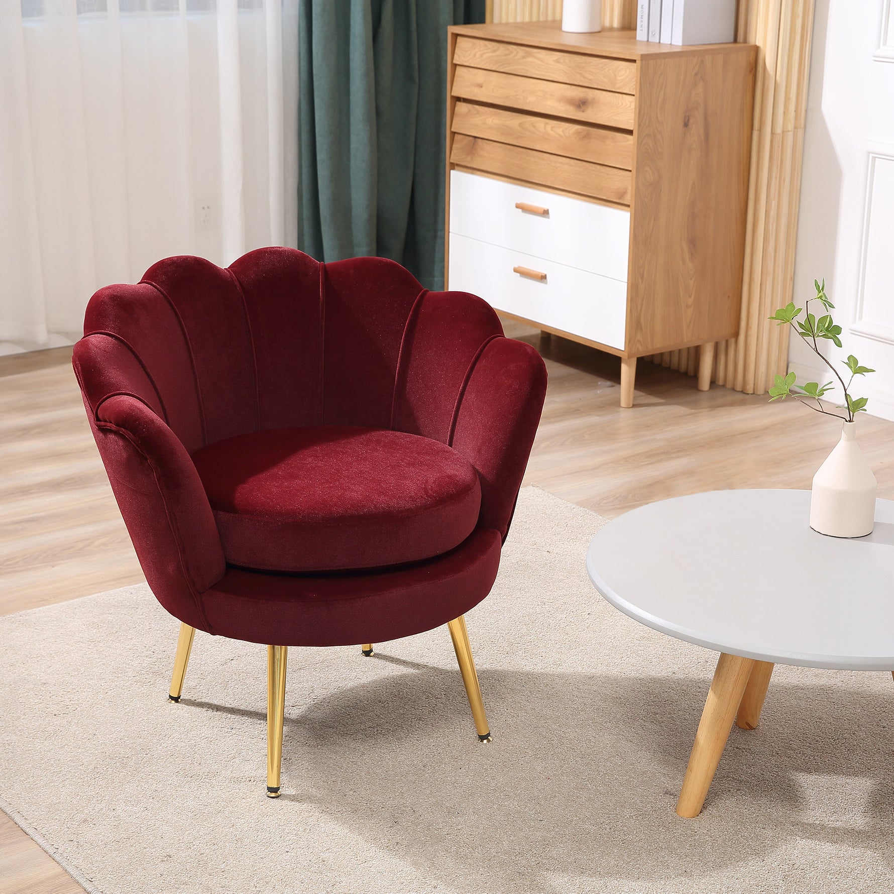 Fauteuil salon fauteuil en velours fauteuil coquillage avec pieds en métal doré pour chambre à coucher, rouge