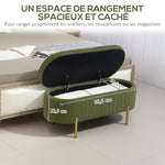 Banc de rangement, bout de lit en velours avec couvercle, pieds en métal, capacité 72 L, 108x44x43,5cm, vert foncé