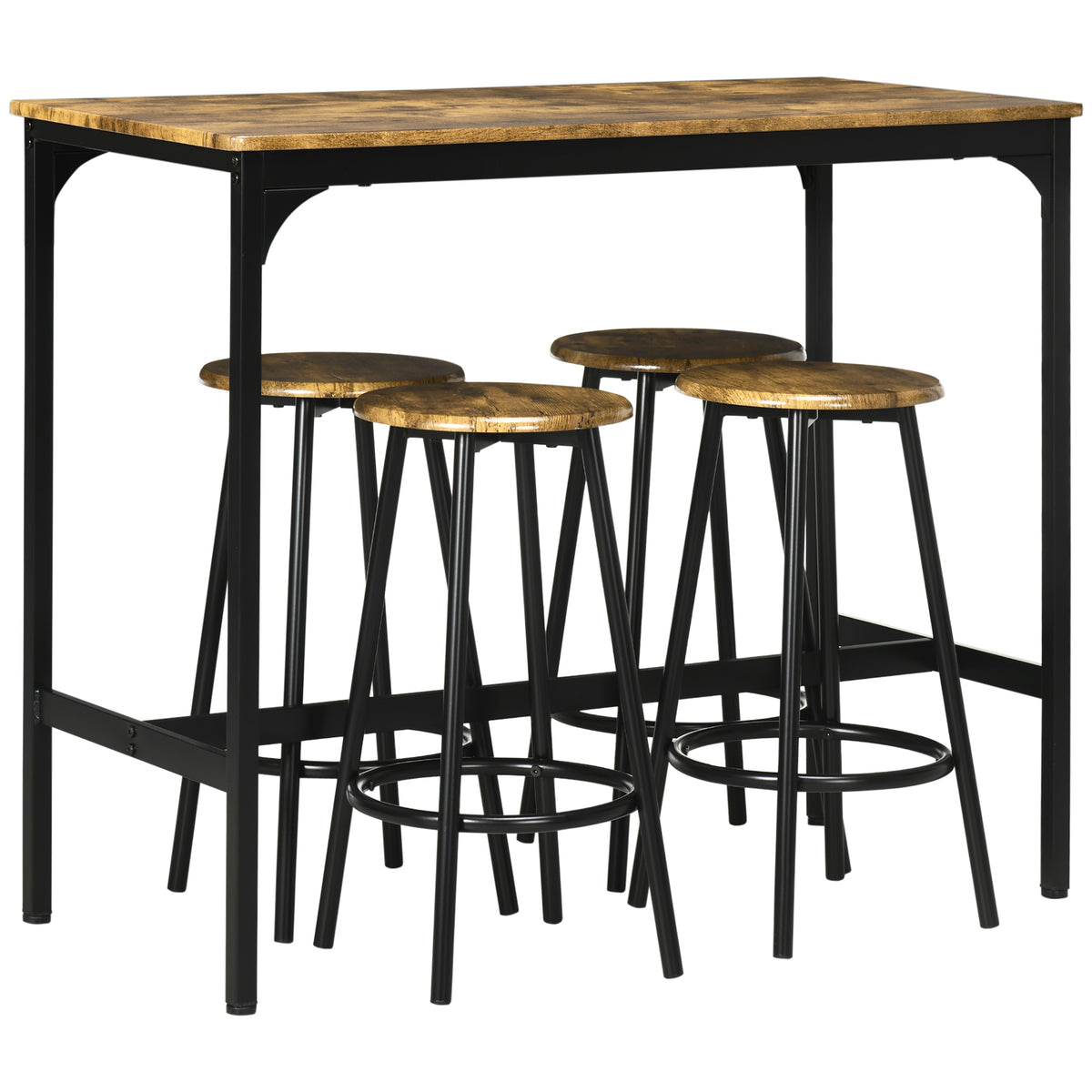 Ensemble table haute et 4 tabourets avec Repose-Pieds, métal noir et aspect bois pour cuisine salle à manger
