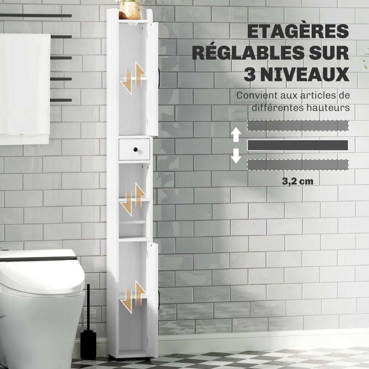 Armoire salle de bain haute, meuble de rangement colonne, 2 portes, tiroir, étagères réglables, 20x20x185cm, blanc