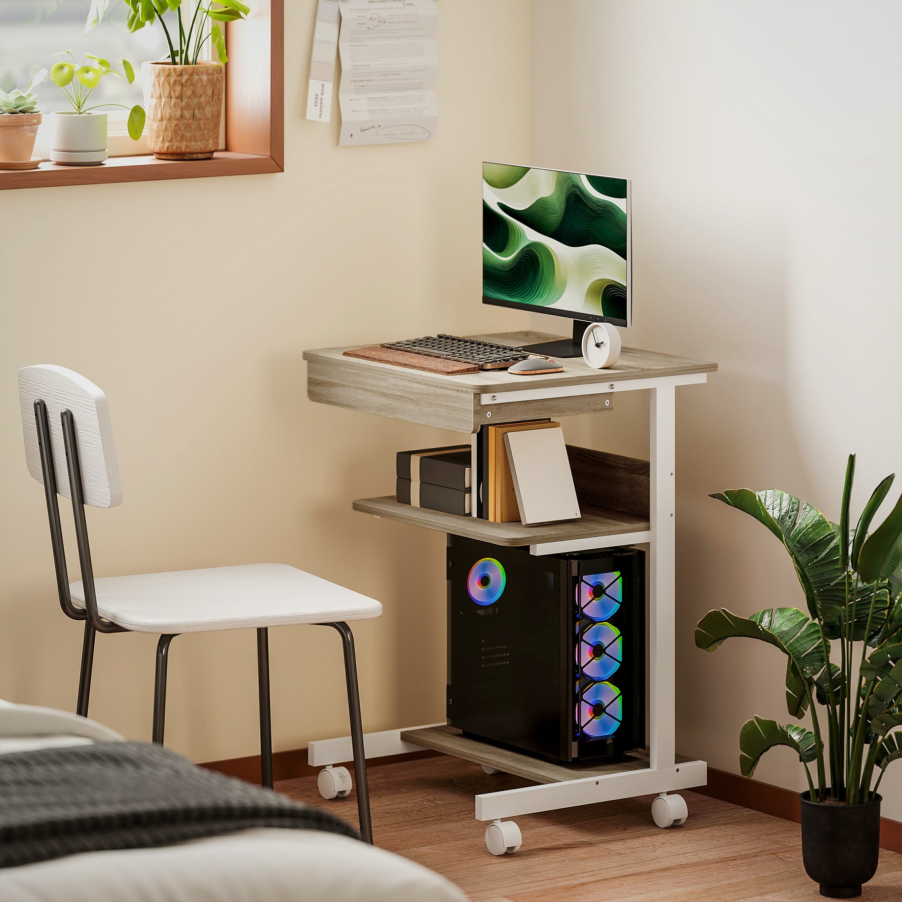 Bureau d'ordinateur sur roues, bureau avec rangement 56 x 51 cm avec tiroir, compartiment et support CPU, chêne