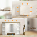 Cache-radiateur avec étagères de rangement ouvertes, couvercle de radiateur en bois à lattes, 124x19x83cm, blanc